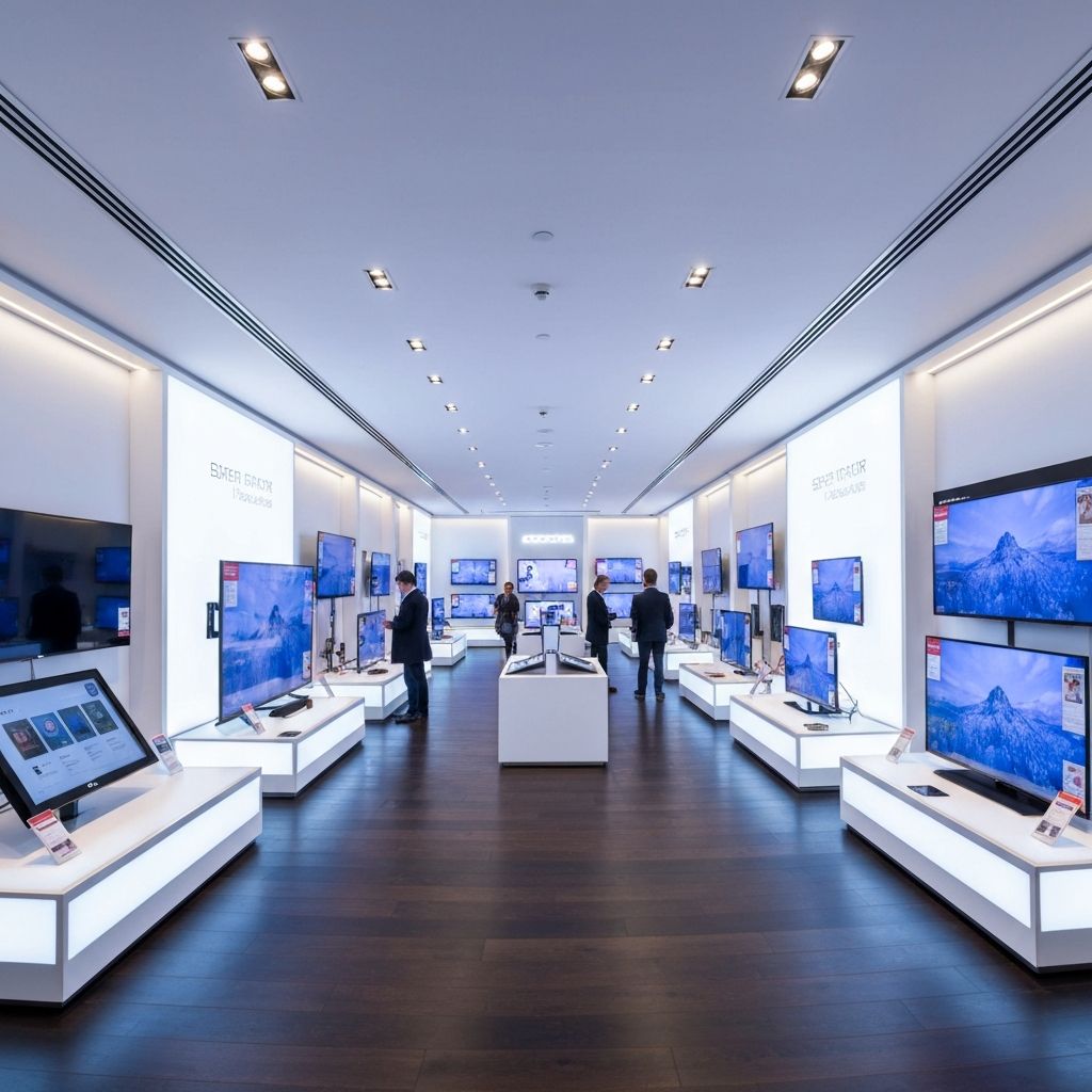 Radio Rose Hamm – Fachgeschaeft fuer TV und Elektronik Innenansicht des Elektronik-Fachgeschäfts mit Fernsehern